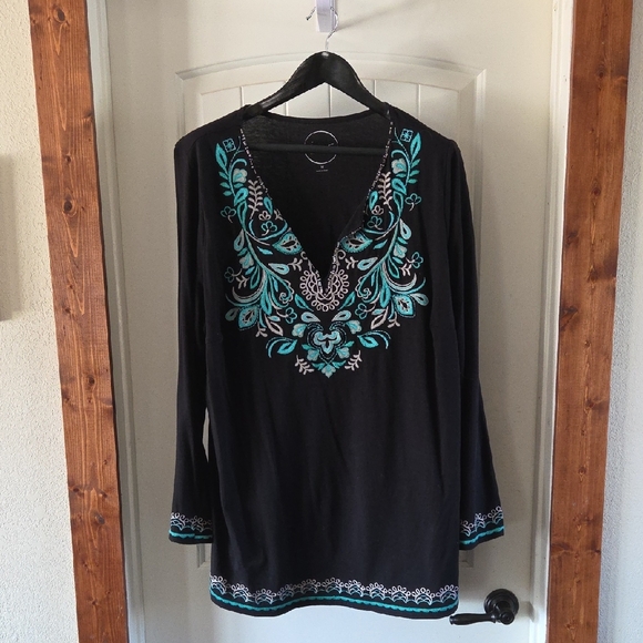 INC International Concepts Tops - INC International Concepts Black Tunic with Teal Embroidery